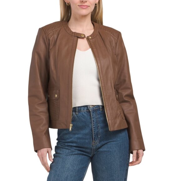 COLE HAAN HICKORY Genuine Lambskin Woven Shoulder Jacket